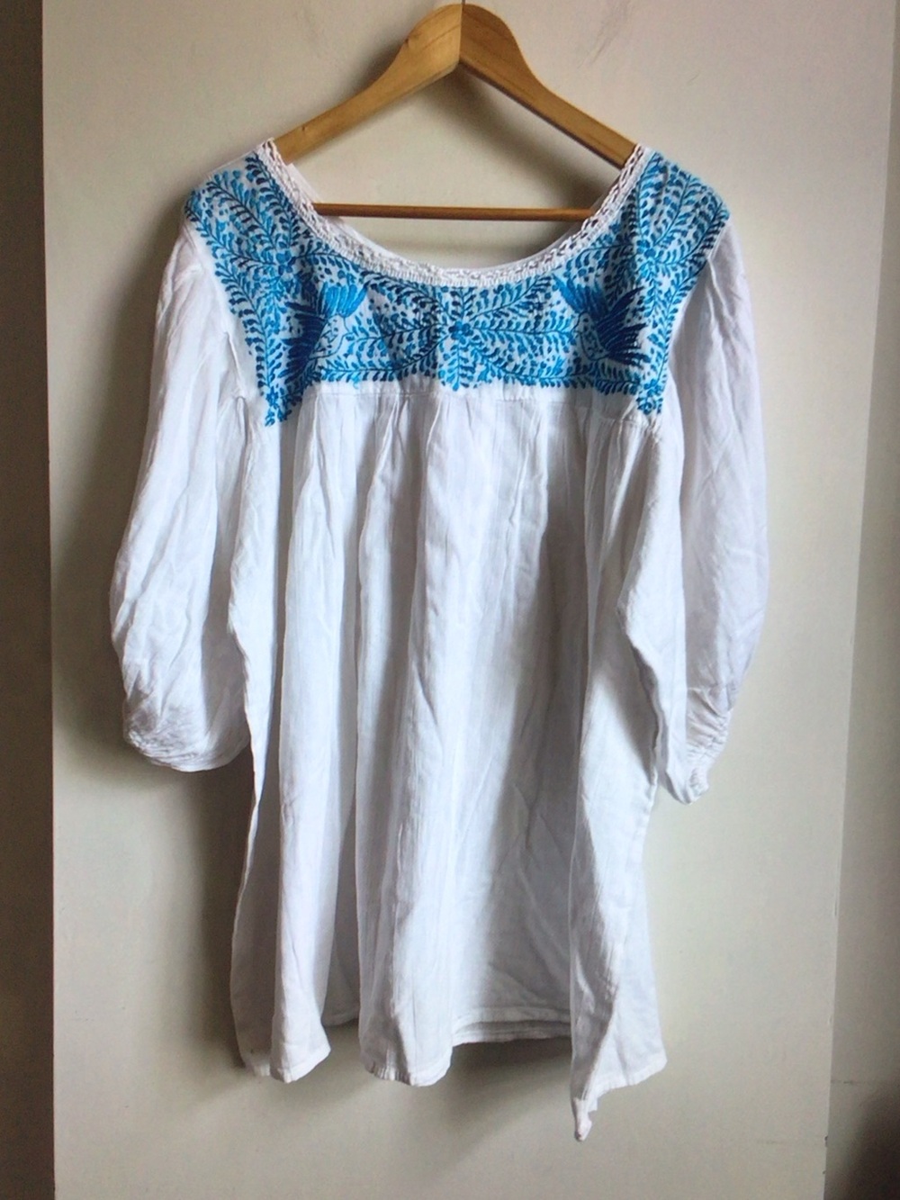Embroidered White Tunic with Bright Blue Yoke